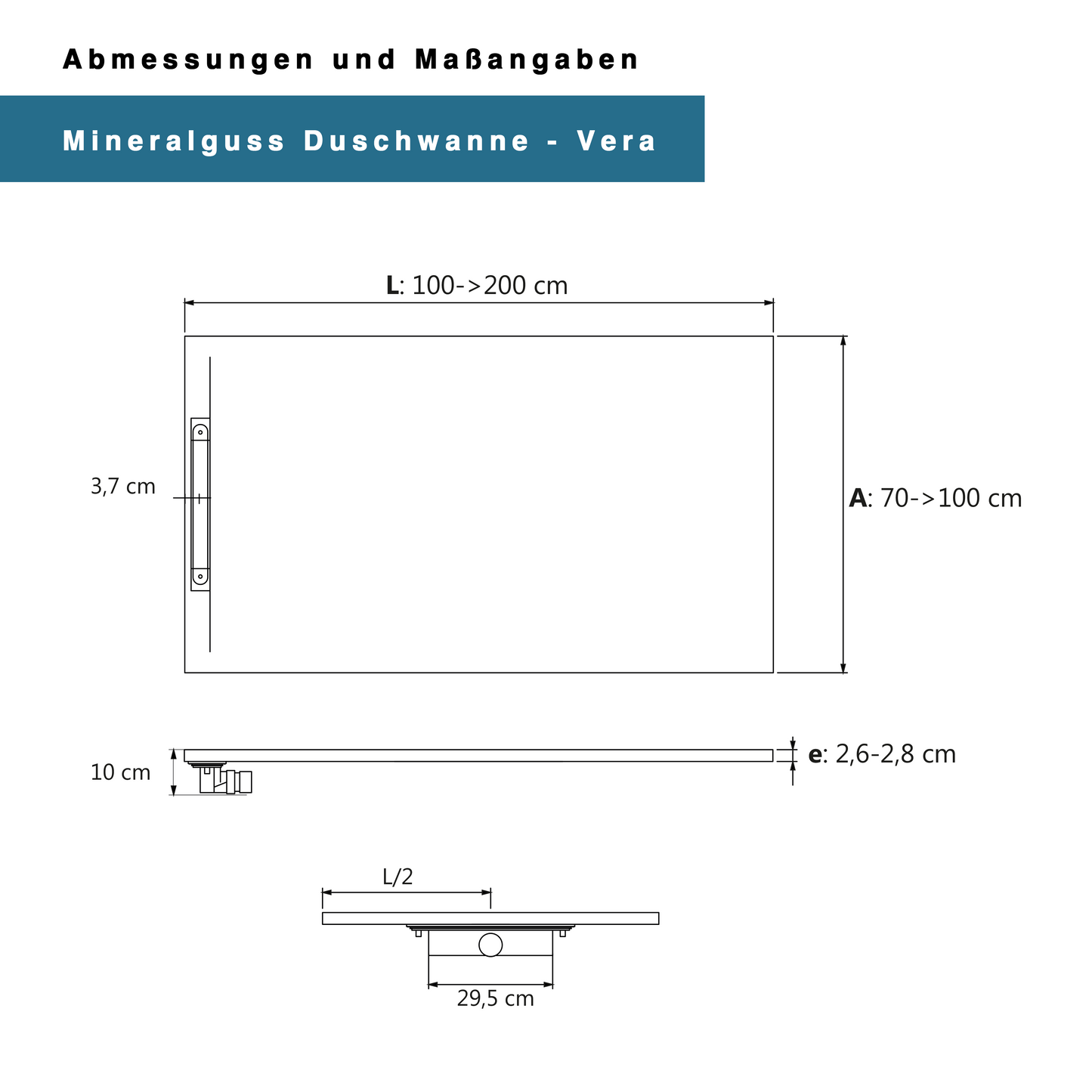 Mineralguss Duschwanne Stone Vera Sand – Frontaler Verdeckter Ablauf – Rutschfest und Langlebig