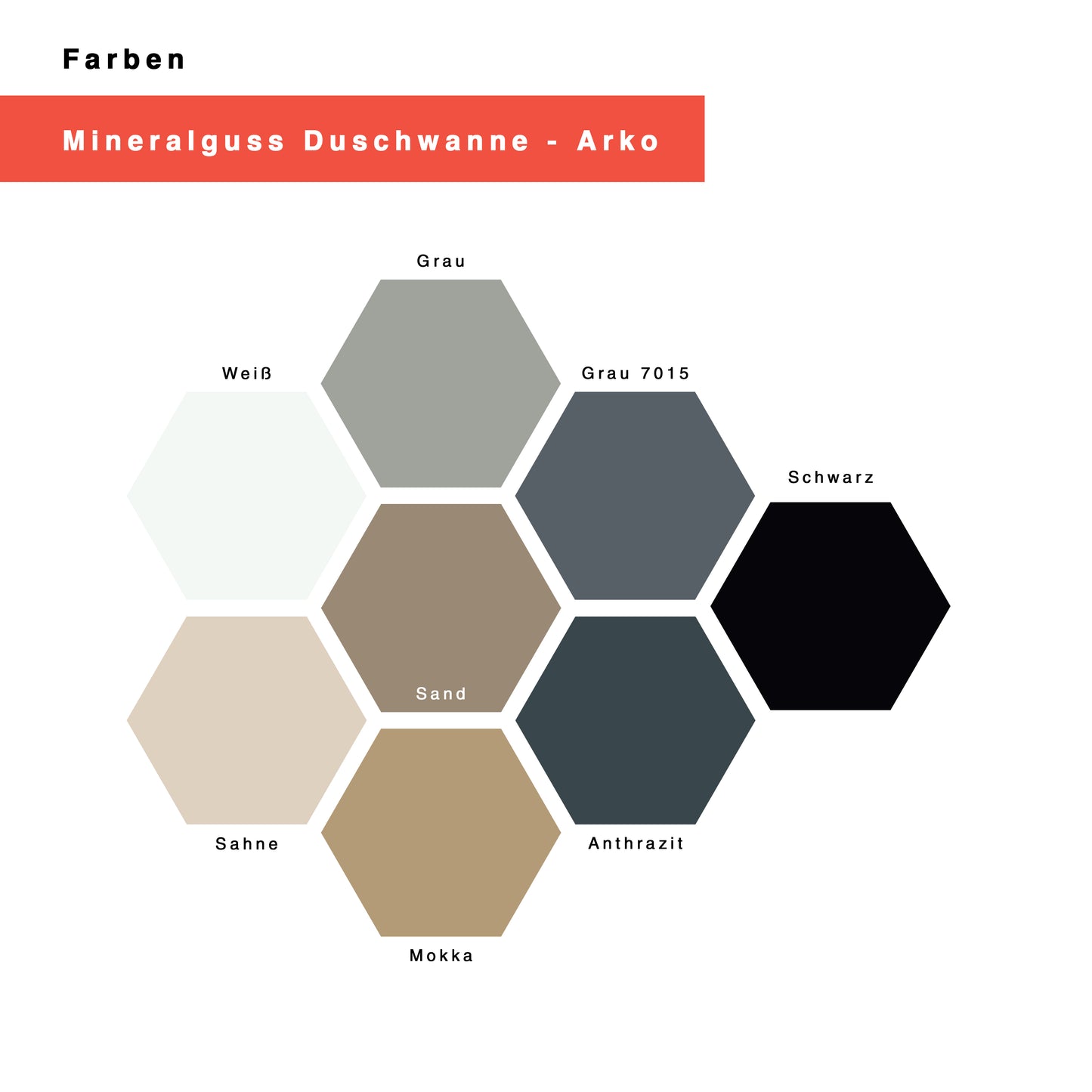 Farbpalette der Mineralguss Duschwanne Arko in Weiß, Grau, Grau RAL 7015, Schwarz, Sahne, Sand, Mokka, Anthrazit