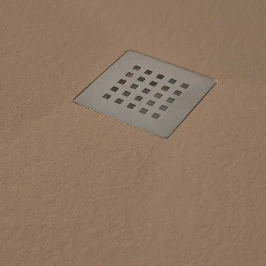 Mineralguss Duschwanne Stone Arko Mokka mittiger Ablauf Nahaufnahme