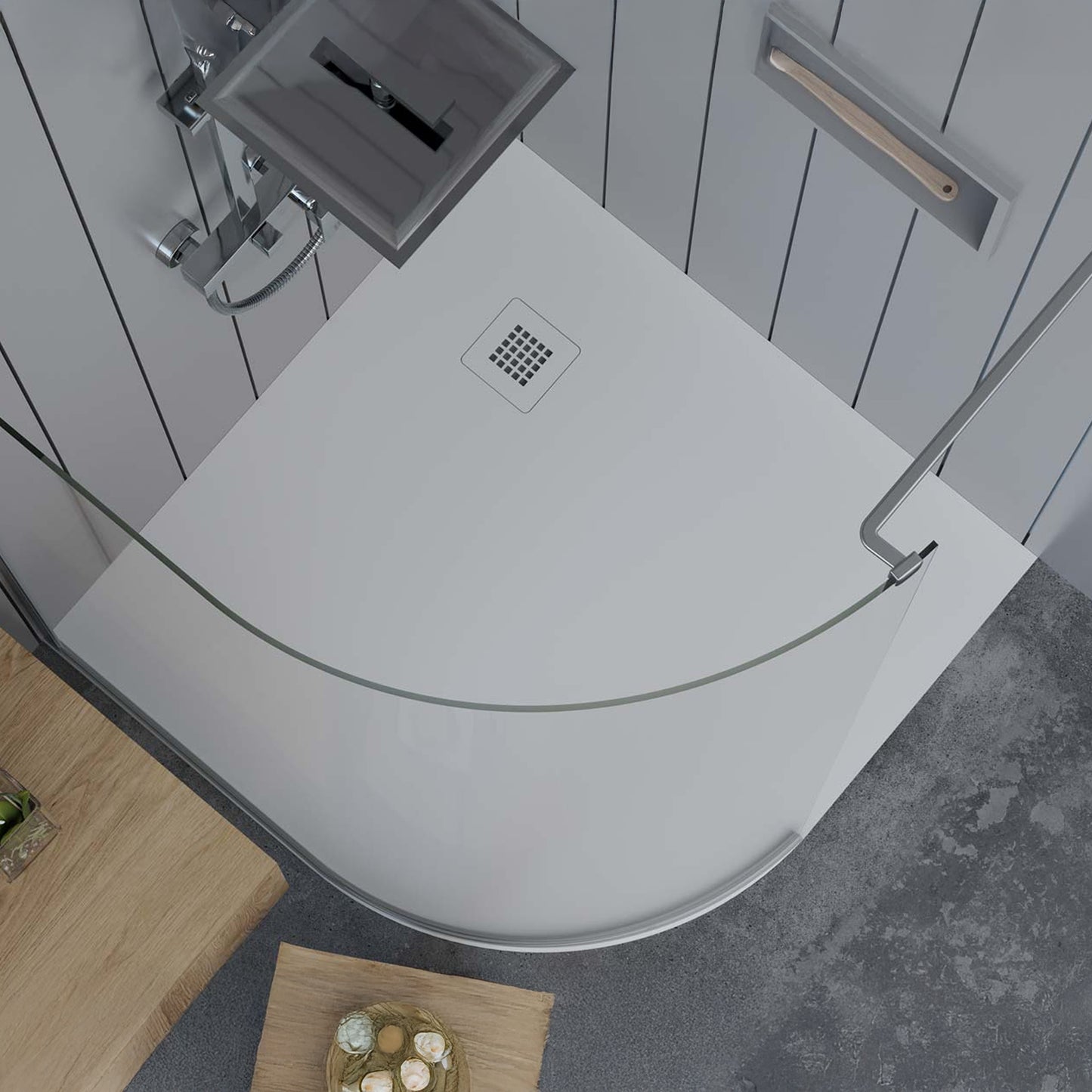 Mineralguss Duschwanne Arena Ratio Kollektion – Eckiger Ablauf – Rutschfest und Langlebig